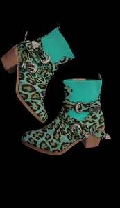 Lucky & Blessed Teal Leopard Print Ankle Boots with Fringe